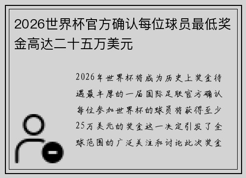 2026世界杯官方确认每位球员最低奖金高达二十五万美元
