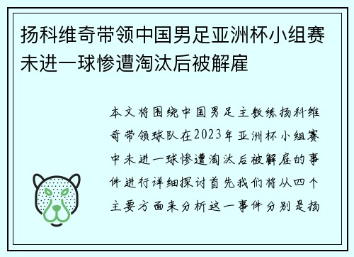 扬科维奇带领中国男足亚洲杯小组赛未进一球惨遭淘汰后被解雇 扬科维奇带领中国男足亚洲杯小组赛未进一球惨遭淘汰后被解雇