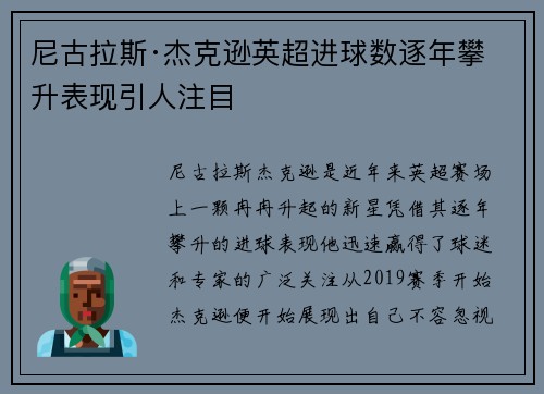 尼古拉斯·杰克逊英超进球数逐年攀升表现引人注目